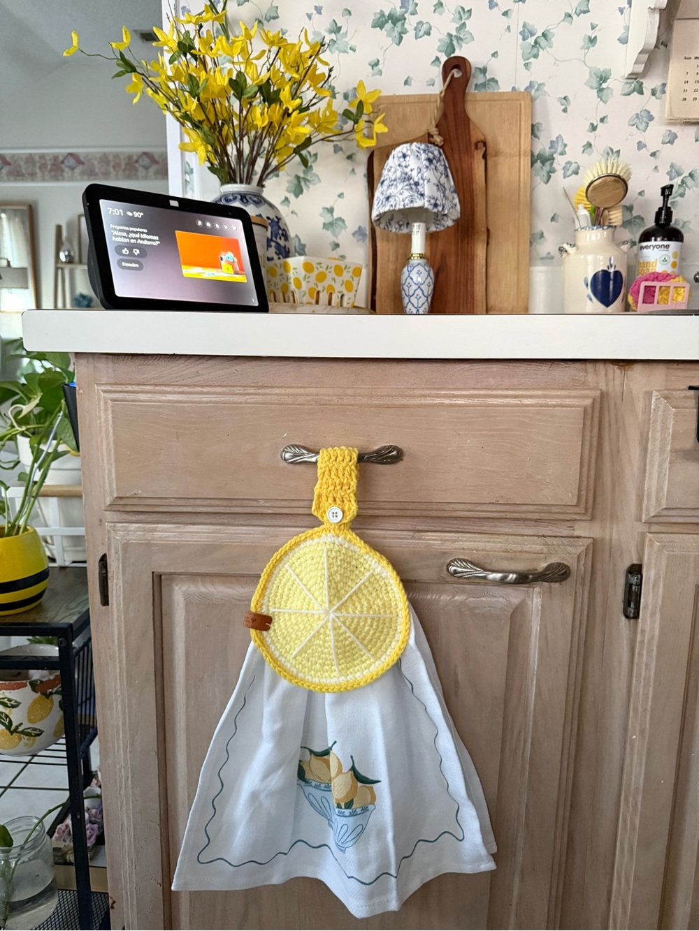 Handmade Yellow Lemon Hanging Kitchen Hand Towel with Crochet Top